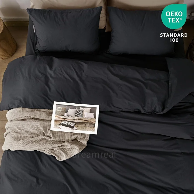 Washed Cotton Bed Linen Bedding Set 4 Pieces Bed Sheets Set Solid Color Comforter Cover Couple Queen King Size Bed Quilt Cover 2