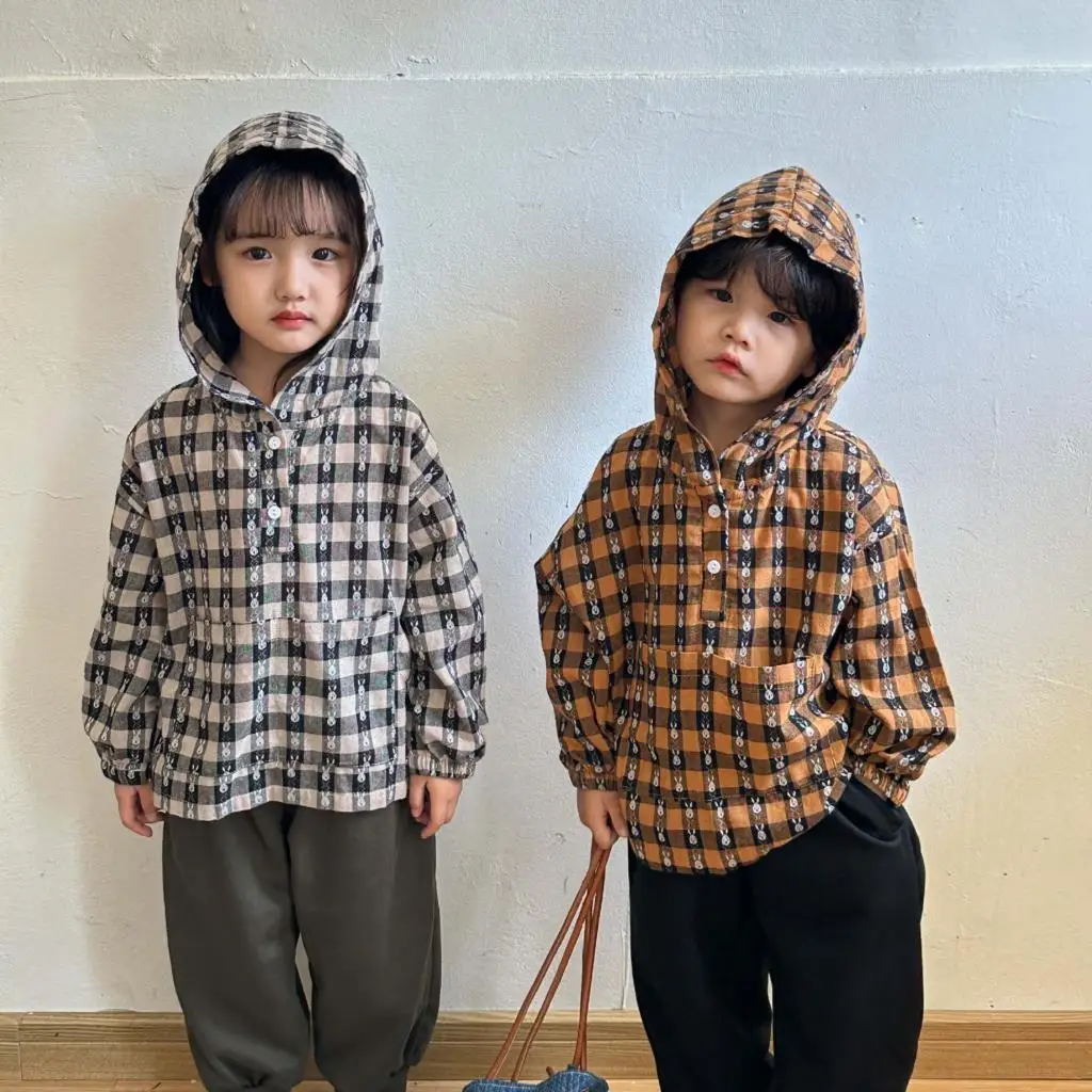 

Childrens Boys Hoodie 2023 New Spring Hooded Pullover Checkered Rabbit Loose Toddler Boys Tops 1-10 Years Kids Boys Shirts