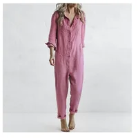 Cotton Linen Vintage Jumpsuits Women Single Breasted Button Design Turn-down Collar Long Sleeve Romper Solid Pockets Overalls - Image 3