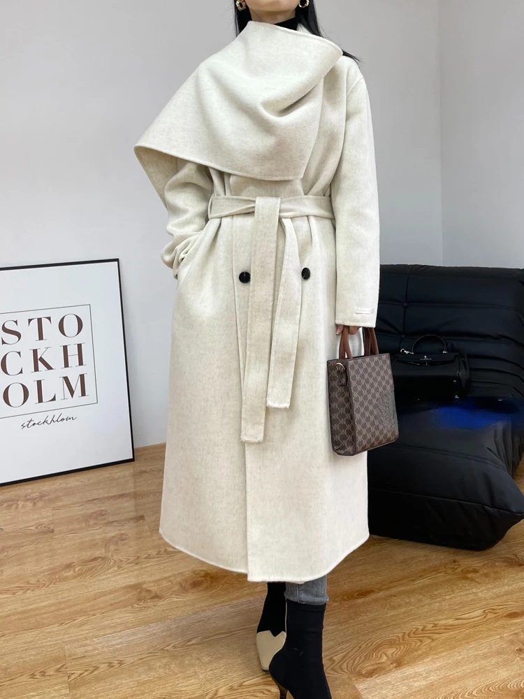 New Fashion Scarf Collar Double-sided Wool Coat Women Loose Casual Double-breasted Long Woolen Coat Female Tide Autumn Winter