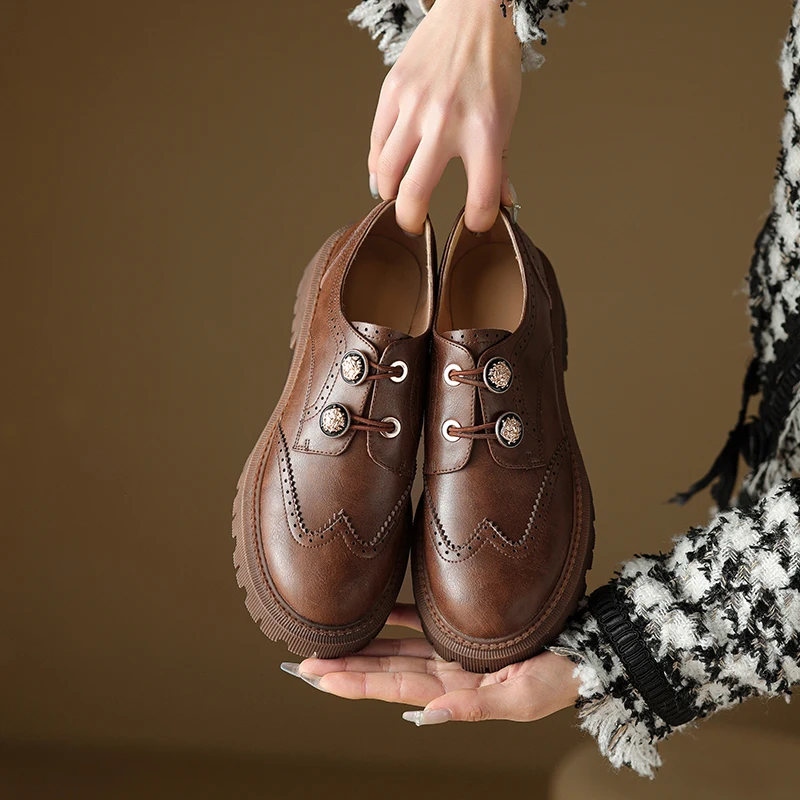 2024 Primavera Donna Décolleté In Pelle Naturale 22-24.5Cm Pelle Bovina + Pelle Di Cinghiale + Pelle Di Pecora Retrò Brogue Suola Spessa Scarpe Singol