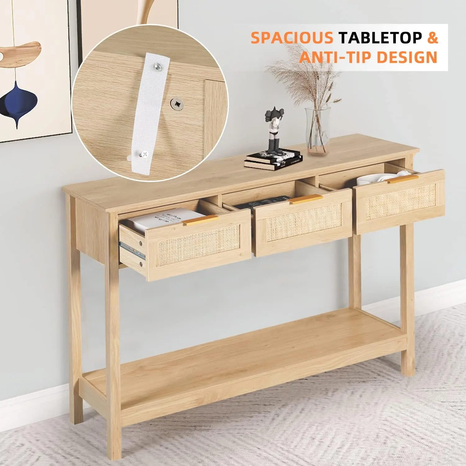 NEW Rattan Console Table Boho Entryway Table Narrow Long Sofa Hallway Foyer Table Behind Couch with 3 Drawers 6