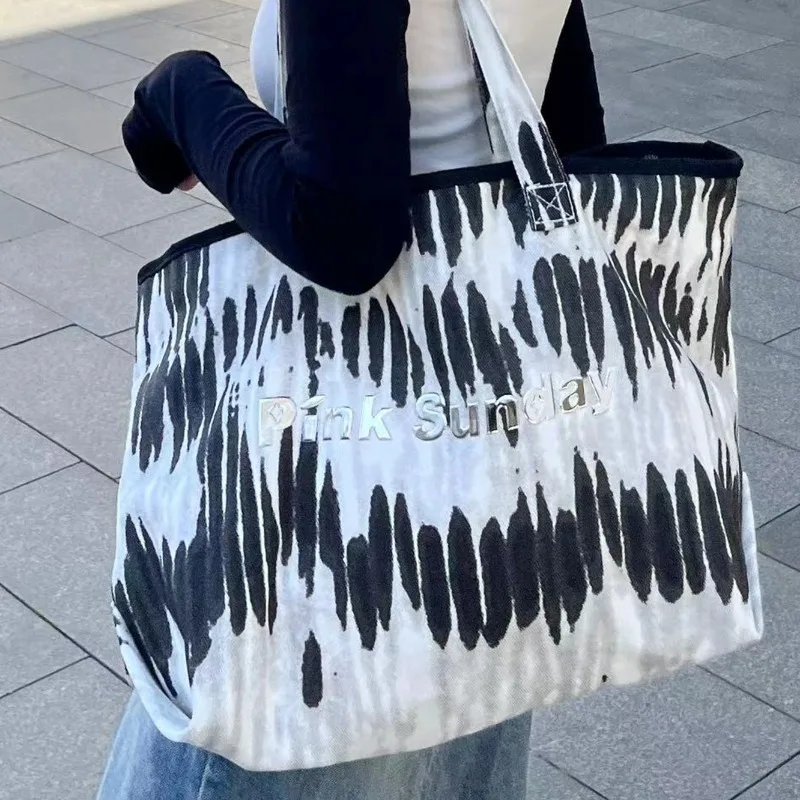 

Fashion Womens Tote Bag Aesthetic Literary Large Capacity Cotton Ink Shopper Shoulder Bag Advanced Luxury Designer Handbag