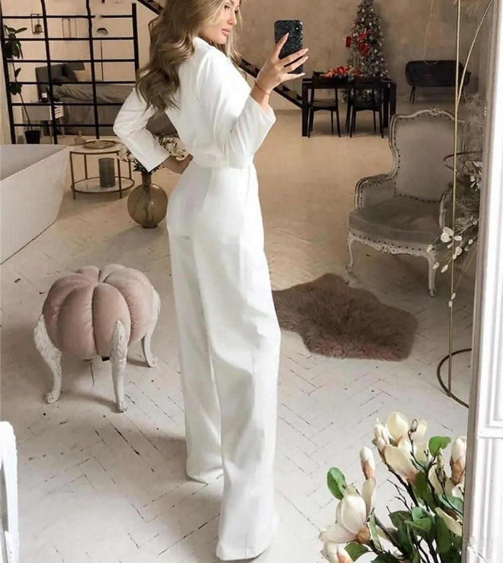 Fashion Long Sleeve Ladies Office Wear Jumpsuit Casual High Waist V-Neck Strap Slim Straight Wide Leg Pants Women'S Jumpsuit Rom