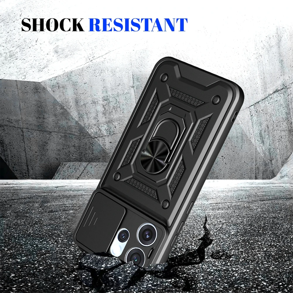 Armor Magnetic Ring Shockproof Case with Slide Camera Protection