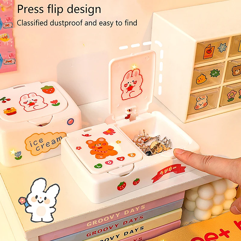 Kawaii Cartoon Press Open Desk Organizer Box Button Cosmetics Makeup Storage Box Con Coperchio Mini Jewelry Organizer Container