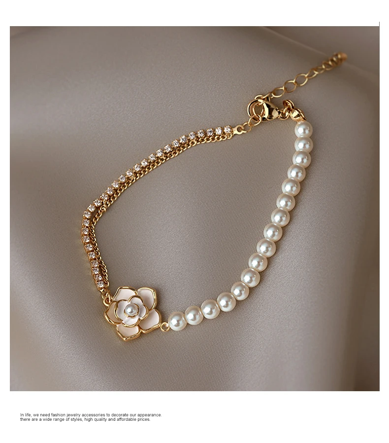 Französische elegante weiße Emaille Kamelie Blume Perle Kette Charm Armbänder für 2024 Damen süße Accessoires Mädchen Handgelenk Schmuck – Detail 7