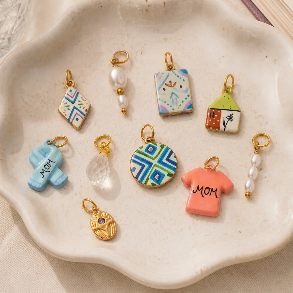 Neue einfache und farbenfrohe Blumenkorb-Geschenkhaus-Anhänger aus Edelstahl zum Selbermachen für Schmuck.