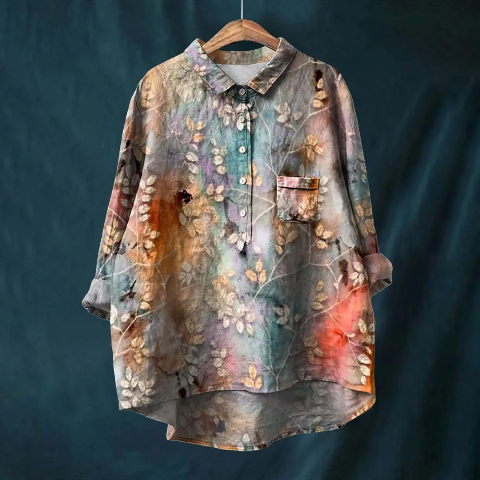 Women Shirt Flower Pattern Printed Lapel Neck Casual Cotton And Linen Long Sleeve Fall Exercise Clothes
