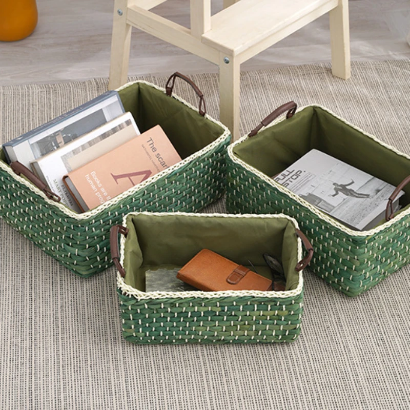 

Mifuny Wovens Storage Basket Green Hand Woven Pastoral Style Corn Husk Storage Baskets Grass Woven Fruit Household Storage Boxes