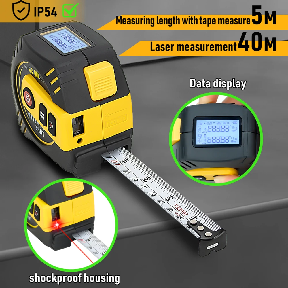 HILDA OZ236 3in1 Rechargeable Laser Tape 40M USB Multifunctional Measure Rangefinder with 5m Tape LCD Display Measuring Tool