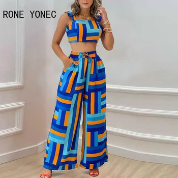 Women Chic Geo Print  Tank Crop Top All Over Print Ruffle Hem Lace Up Elastic Waist Casual Pants Sets