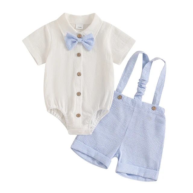 Tenue d'été pour bébé garçon, chemise à manches courtes, col à revers, barboteuse + Short à bretelles à rayures + nœud papillon pour nouveau-né 1