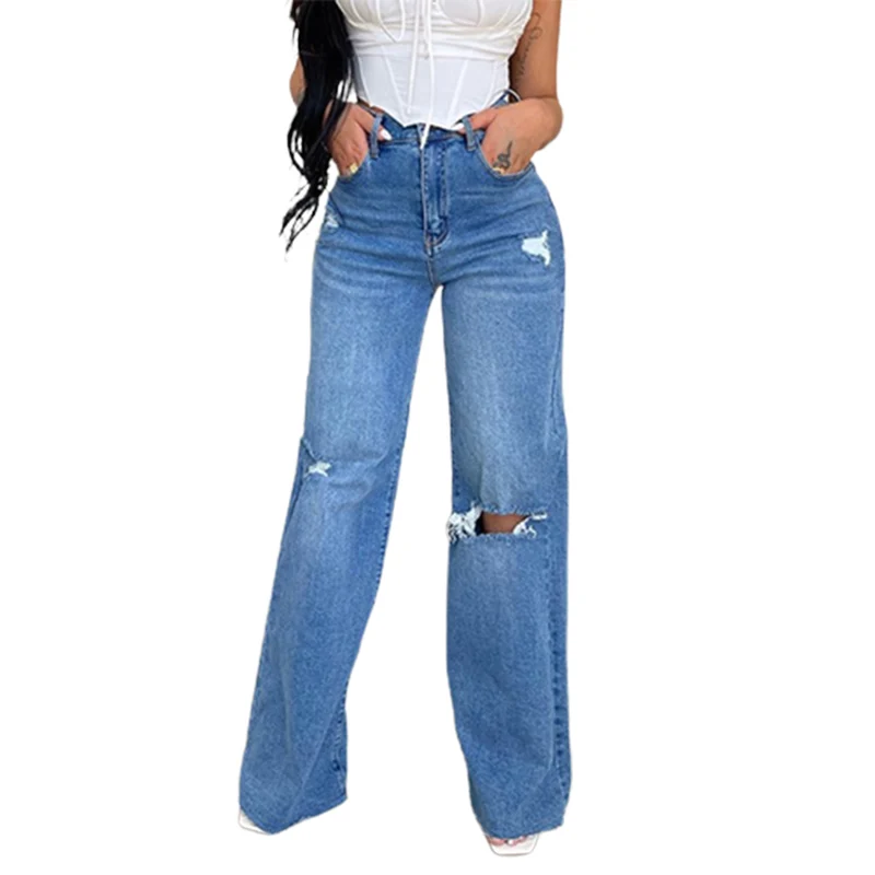 Fashion Knee Broken Holes Hollow Out Straight Jeans Women High Waist Button Splicing Denim Pants Female Casual Wide Leg Trousers