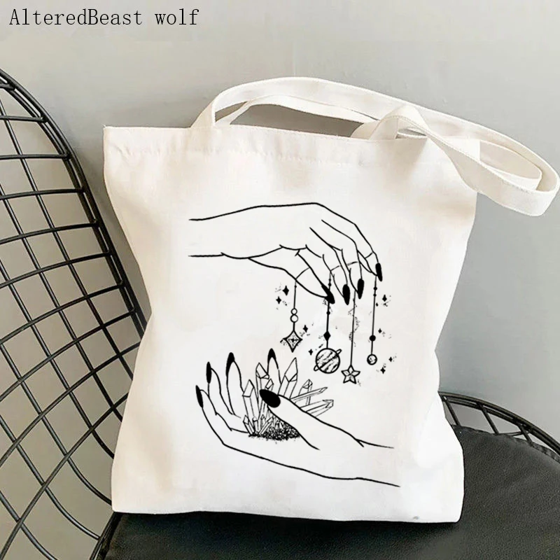 Women Shopper bag magic Witch pastel goth hands and galaxy planets Tarot witchy Bag Canvas Shopper Bag girl Shoulder Lady Bag