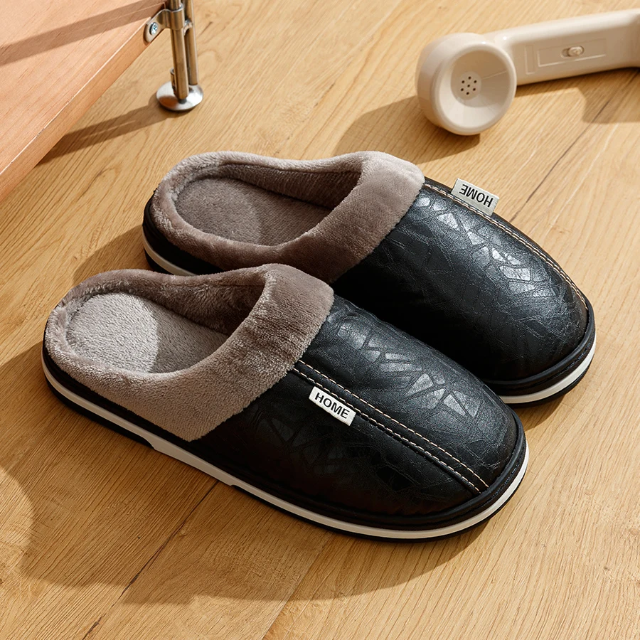 Big Size Winter Casual Men's Slippers Indoor Waterproof PU Leather Home Shoes Fur Flat Warm Fashion Bedroom Houseshoes fur slippers