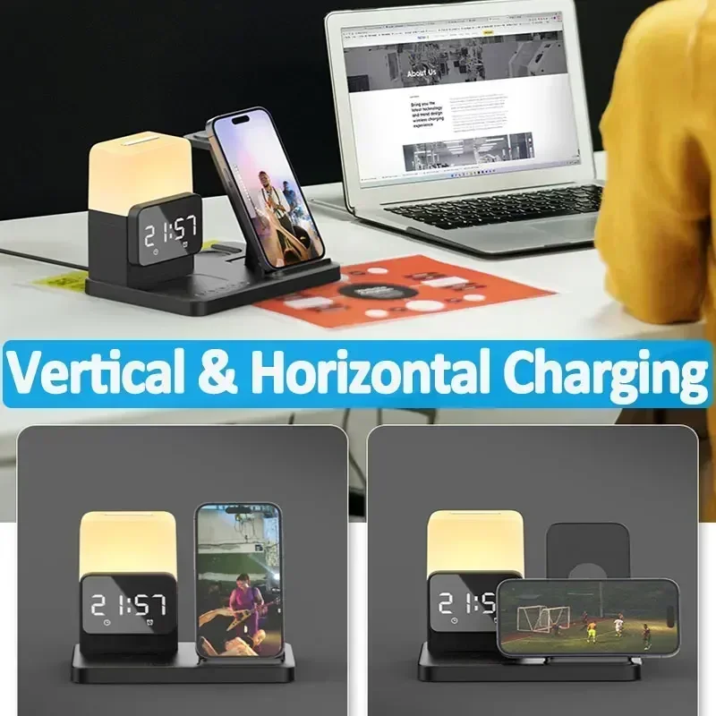 Foldable 6 in 1 Alarm Clock Lamp Wireless Charger Stand  Fast Charging Dock Station for iPhone 15 14 13 12 X Pro Max Airpods Pro