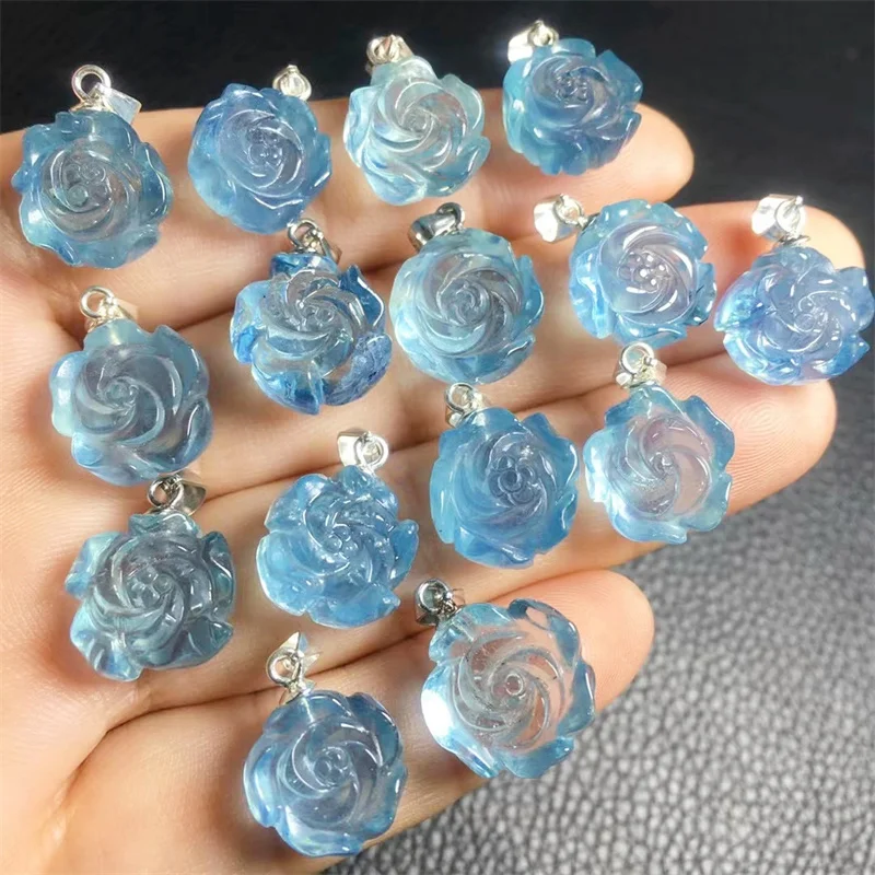 

S925 Natural Aquamarine Small Rose Flower Healing Carving Crystal Crafts Energy Gemstone Women Gift 1PCS