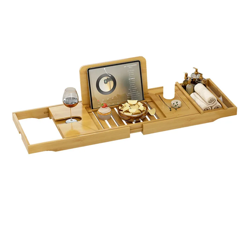 Bamboo Adjustable Bathtub Tray Sturdy Spa Caddy Expandable Bath Storage Shelf Anti-Slip iPad & Wine Holder