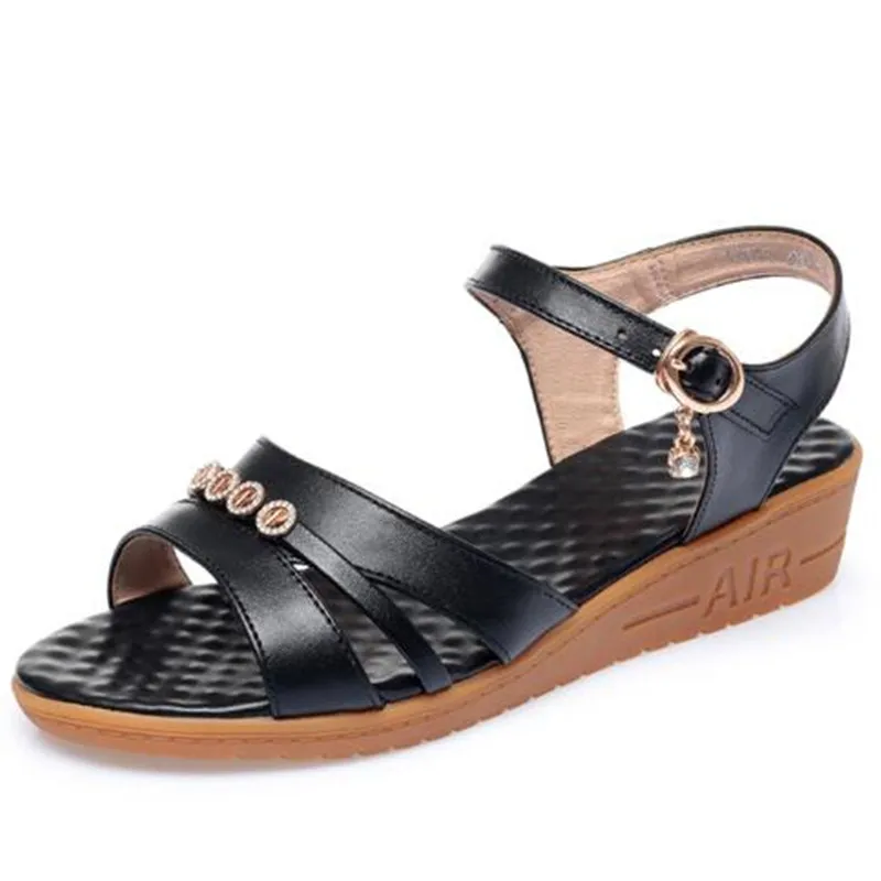 

Hot 2022 Summer New Genuine Leather Rhinestone Women Sandals Soft Bottom Non-slip Wedge Sandals Concise Fashion Casual Sandals