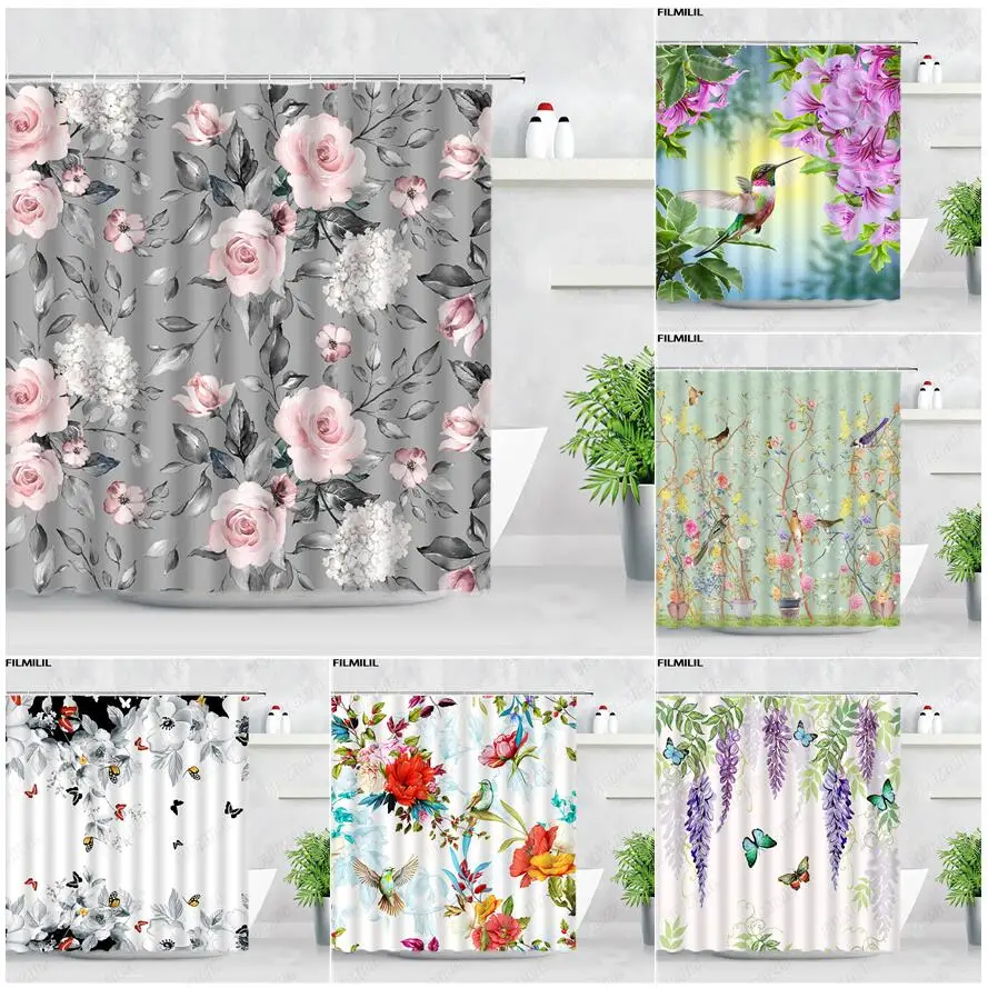 Flowers Birds Shower Curtains Butterfly Hummingbird Purple Pink Floral Vine Plants Leaves Bath Curtain Garden Bathroom Decor Set