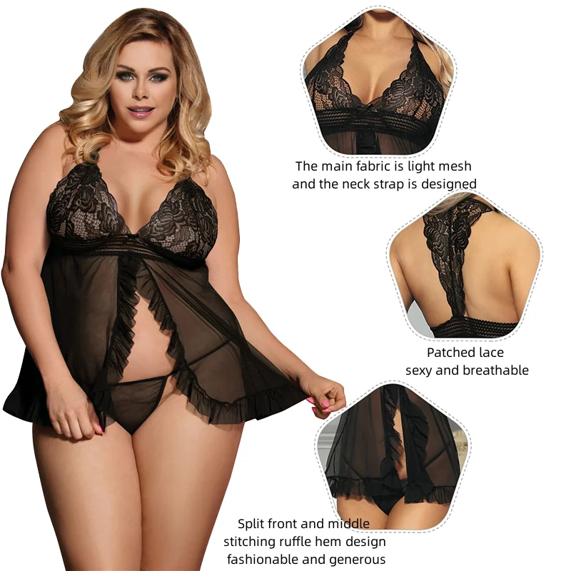 Ohyeahlady Stretch Plus Size Nightgown Dress Women Sexy Nightie Skirt Mini Lace Underwear Transparent Sleepwear Lingerie Outfit