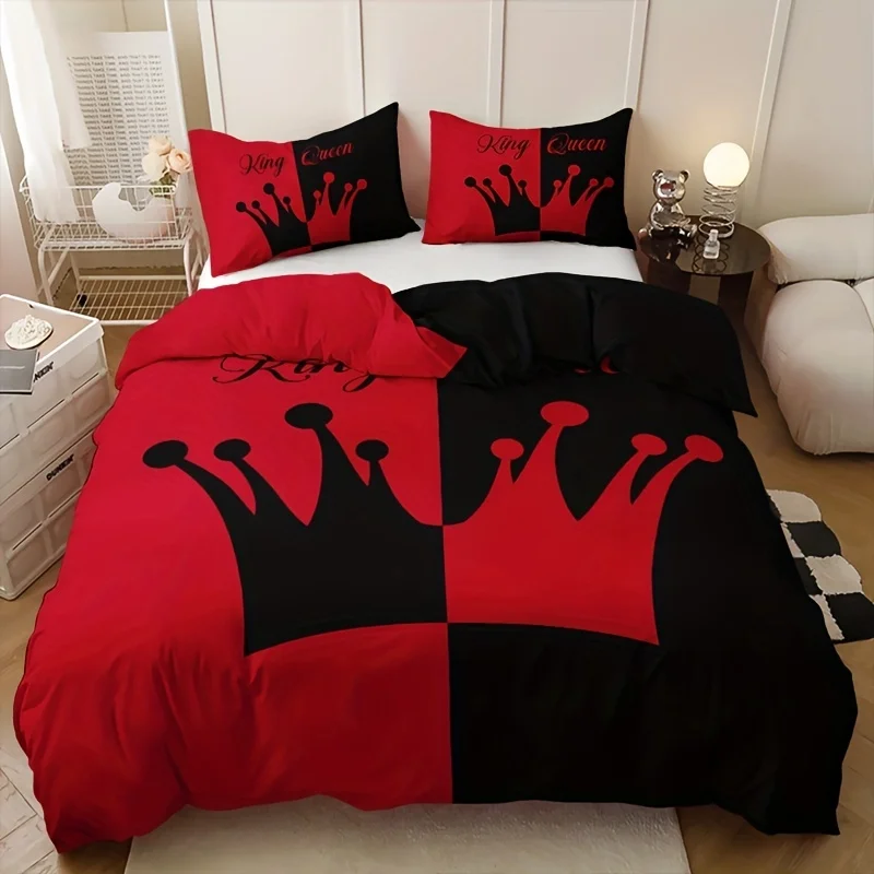 3pcs Duvet Cover Set, Black And Red Crown Pattern Bedding Set, Soft Duvet Cover For Bedroom, Guest Room