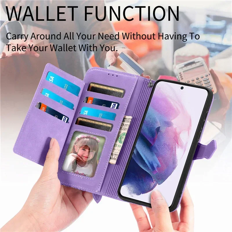 Leather Magnetic Zip Wallet Card Cover Phone Case