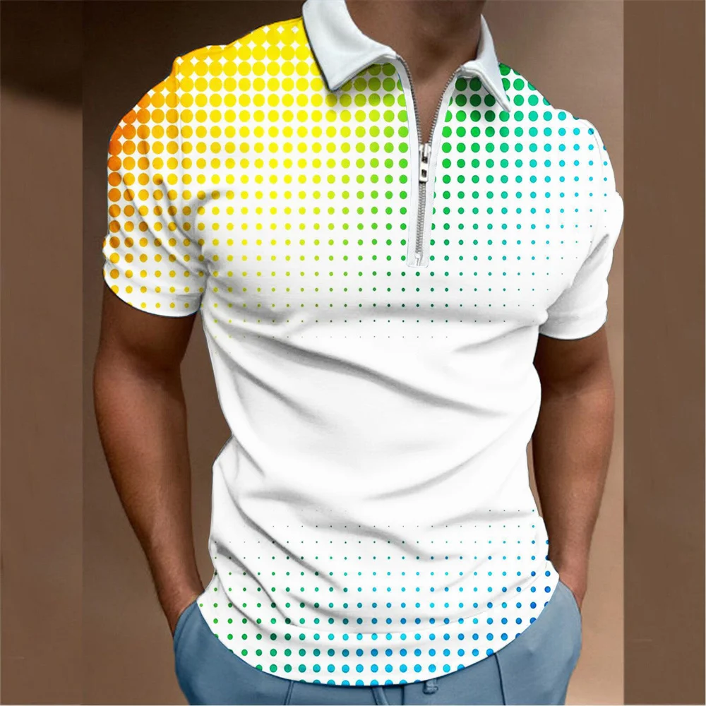 

Man Polo Shirts 3d Print Men's Shirts Polka Dots Pattern Zipper T-Shirt Everyday Casual Male Clothing Oversized Short Sleeve Top