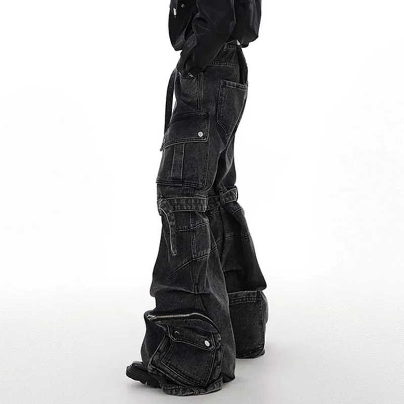 IEFB Multi-pocket Jeans Three-dimensional Lace-up Design Wide-leg Overalls 2024 Autumn Streetwear Black-grey Denim Pants 24X1350 5