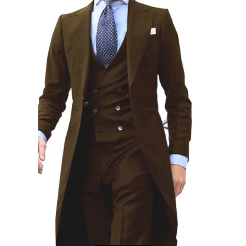 Mens Suit Long Coat Designs Chinese Red Men Suit Gentle Tuxedo Prom Blazer 3 Pieces (Jacket + Vest + Pants)