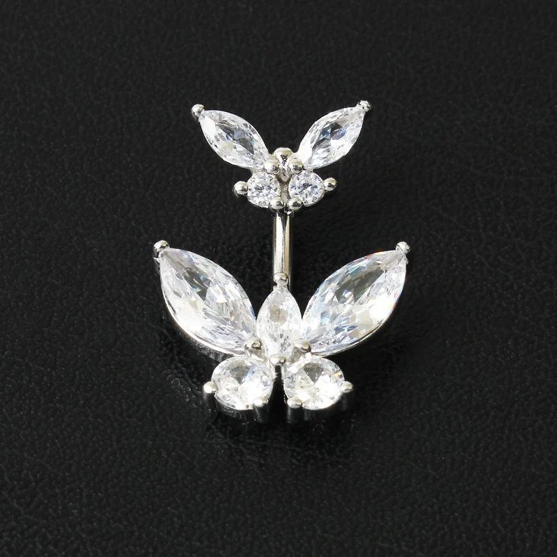 925 sterling silver Double Butterfly Zircon belly ring fashion navel piercing jewelry for woman