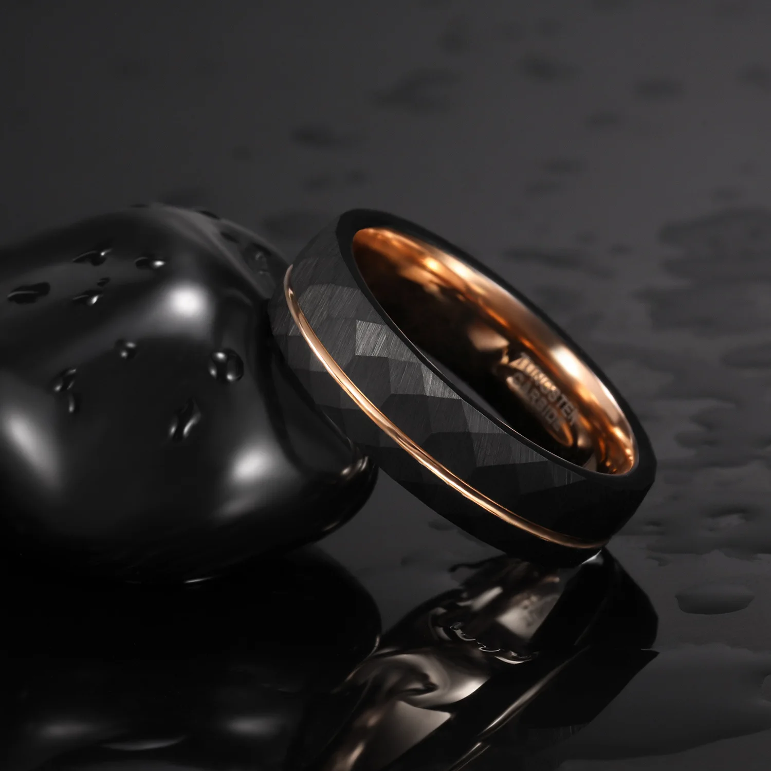 8mm 6mm Tungsten Ring Simple Rhombic Rhombus Inlaid with Rose Gold Color Line Lovers 6mm 8mm Black Tungsten Steel Ring Size 6-13 5