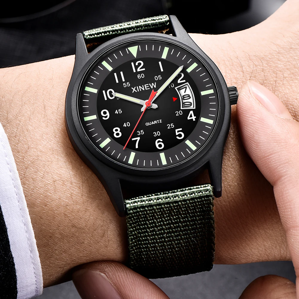 

2023 Hot Sale XINEW Fashion Sport Watch Men Green Canvas Watches Auto Date Quartz Wristwatches Men Reloj Hombre Montre Homme