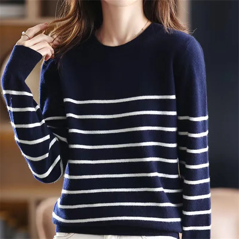 

Stripe Woolen Sweater Woman Autumn Winter Loose Round Neck Pure WOOL Knit Sweater Base Inside Build Sweater W154