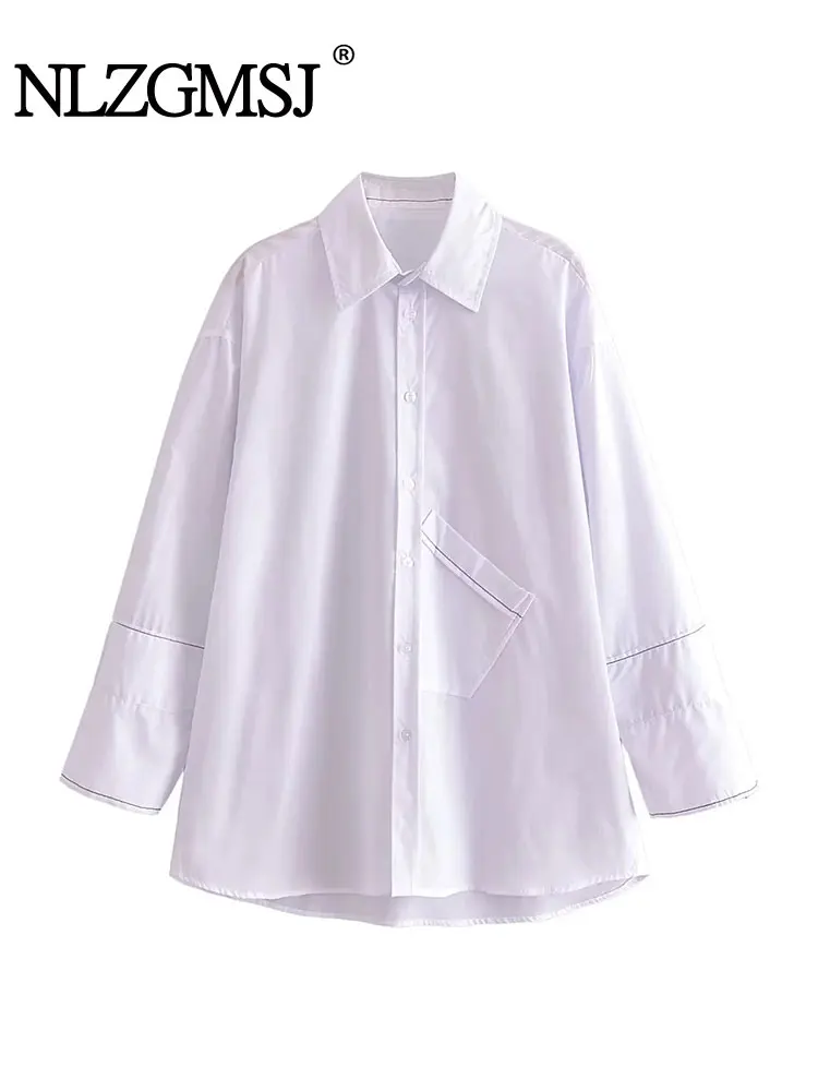 

TRAF 2023 Autumn Women Chic Oversized Long Shirts Solid Single Button Casual Blouses Long Sleeve Elegant Tops