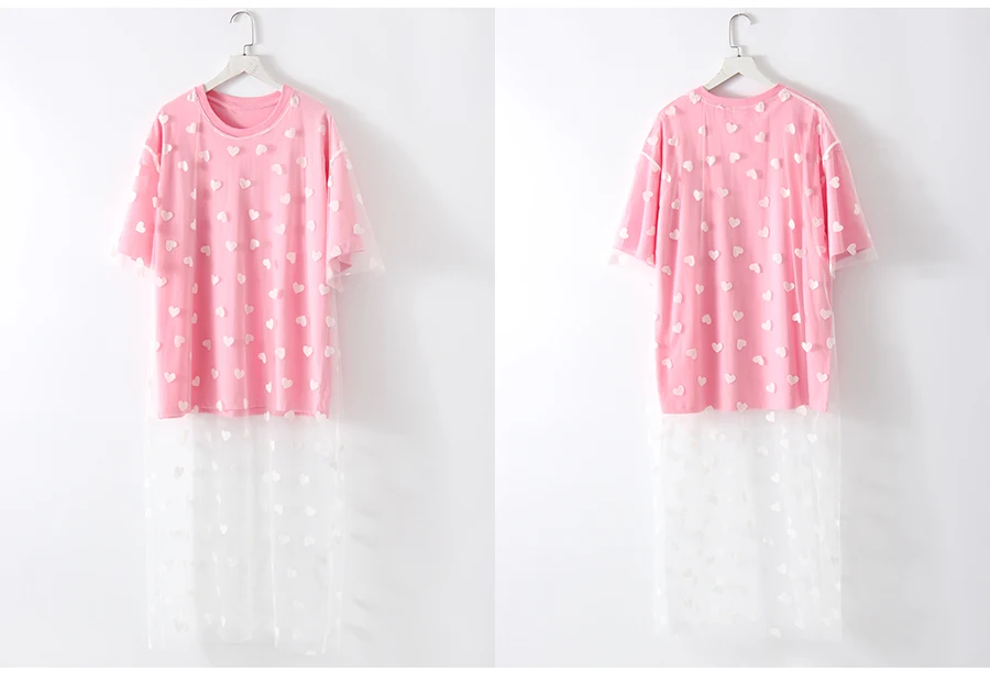 Long Mesh T Shirt Dress For Women Short Sleeve Heart Tulle Fake Two Piece Dresses WOmen's White Loose Maxi Dress With Heart Red