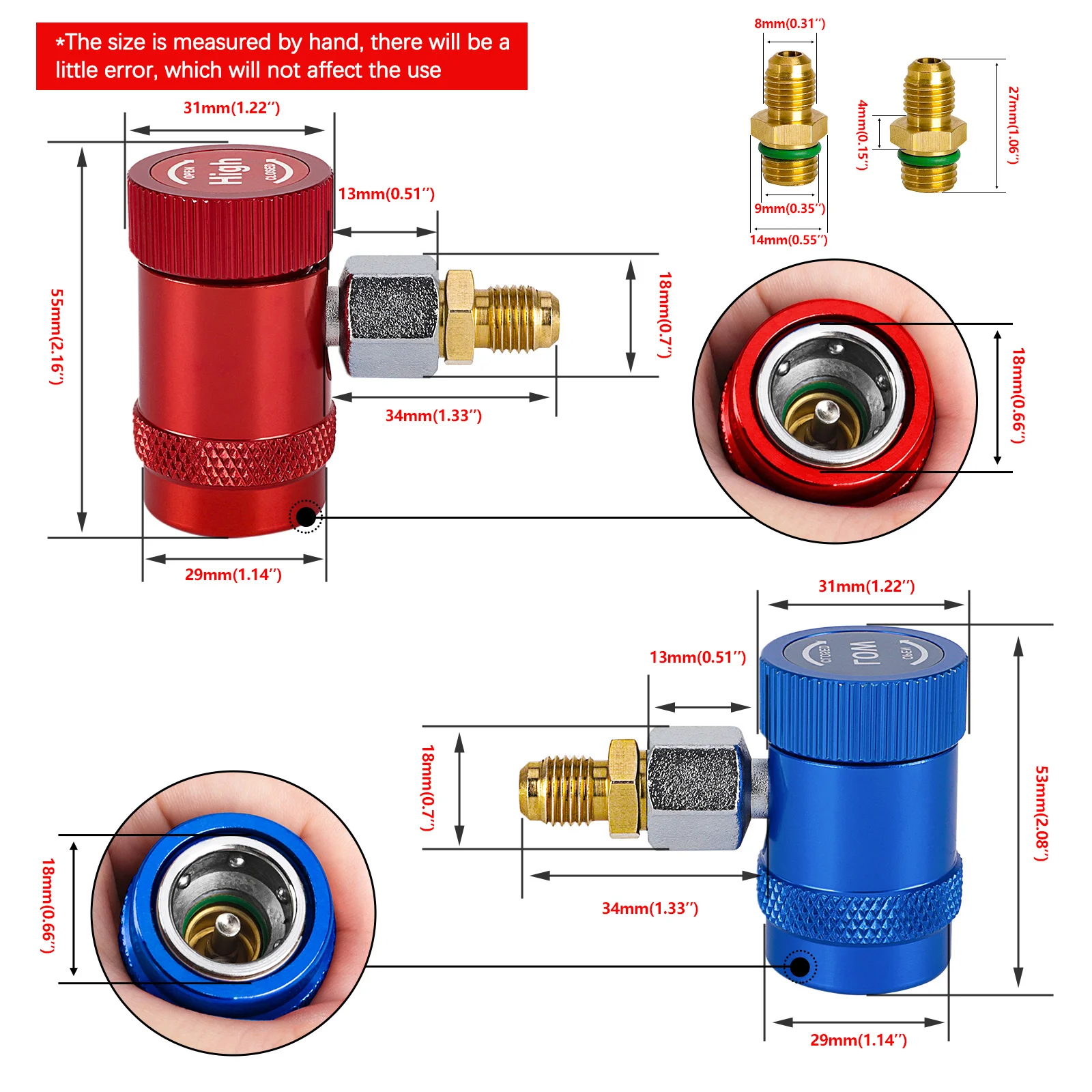 R1234yf 2pcs Car Auto AC High / Low Side Quick Couplers Adapters Conversion Kit With Manual Couplers R1234YF