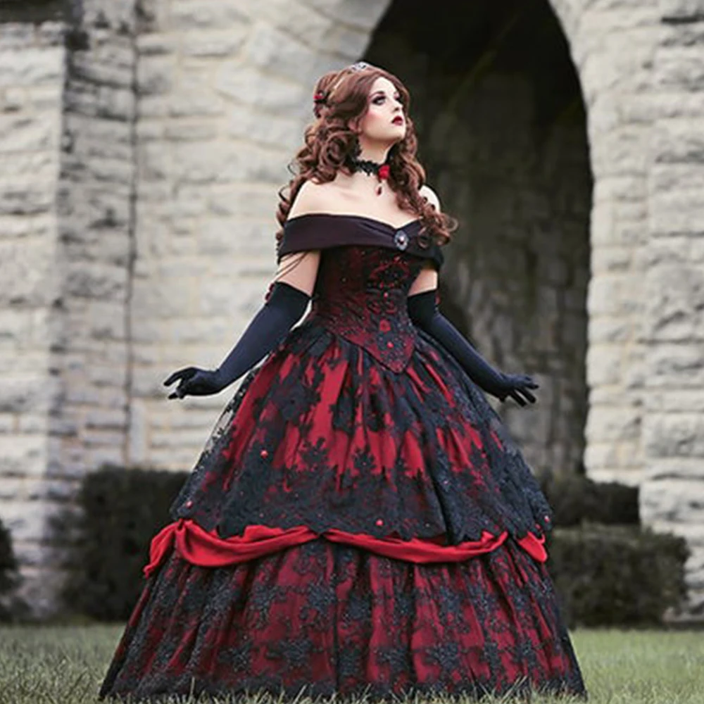 Gothic Medieval Black Lace Liner Burgundy Evening Dress Sexy Off Shoulder  Women Formal Dresses A-line robe de soire de mariage - AliExpress 320