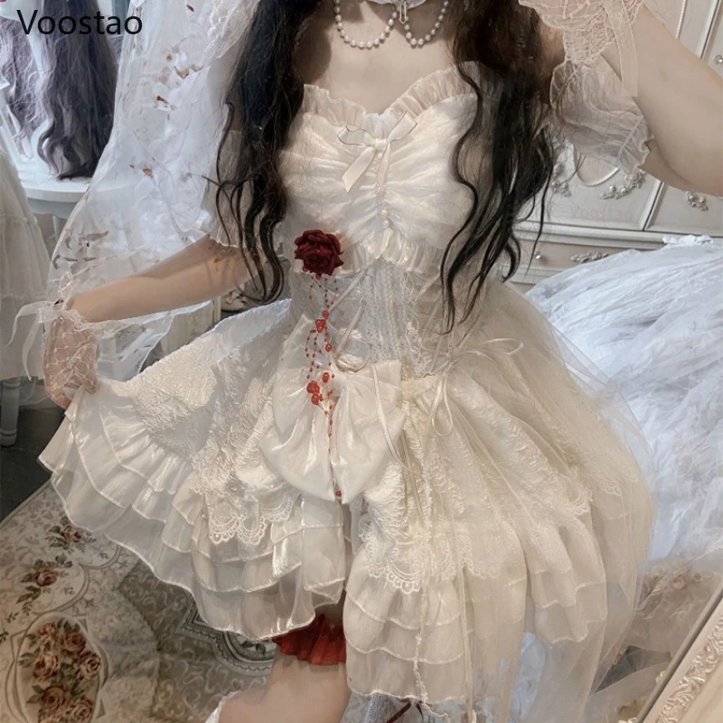 Gothic Lolita Princess Dress Vintage Terror Blood Bride Halloween Party Female Y2k Bandage Rose Lace Mini Dress