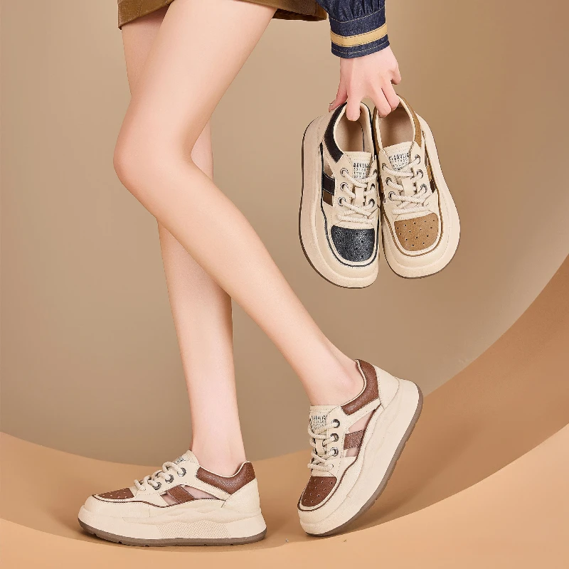 CICIYANG Genuine Leather Women's Platform Sports Sandals 2025  Summer New Fashion Lace-up Hollow Sneakers for Female 2