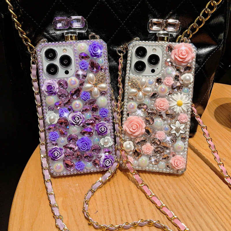 

Bling Diamond Shining Case for iPhone, 15, 14, 13, 12, 11 Pro Max, XR, 7, 8, Luxury Design with Strap, Perfume Bottle Phone Case