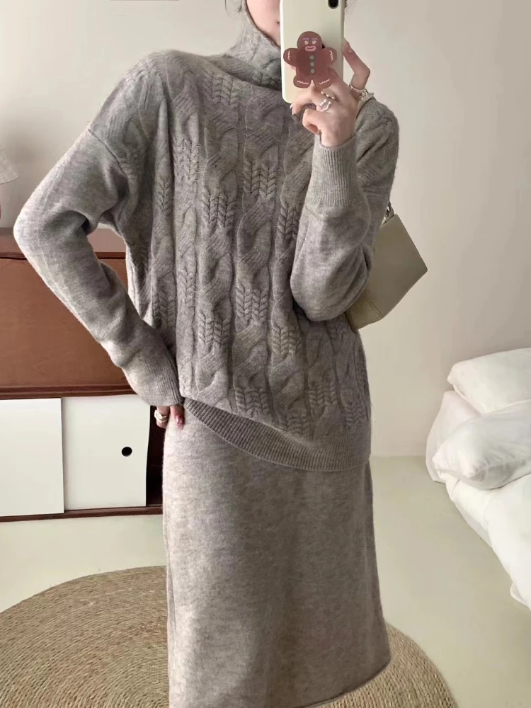 

Two Piece Set for Women Autumn Winter Sweater Elegant High Neck Knit Pullovers Sweater Women's Dress Sets Wrap Hip Skirt Korean