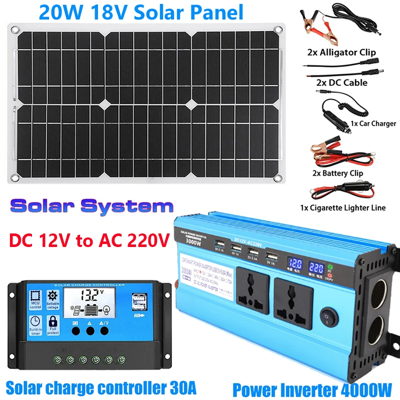 DC 12V to AC 220V Solar Power System 20W Solar Panel+30A Charge ...