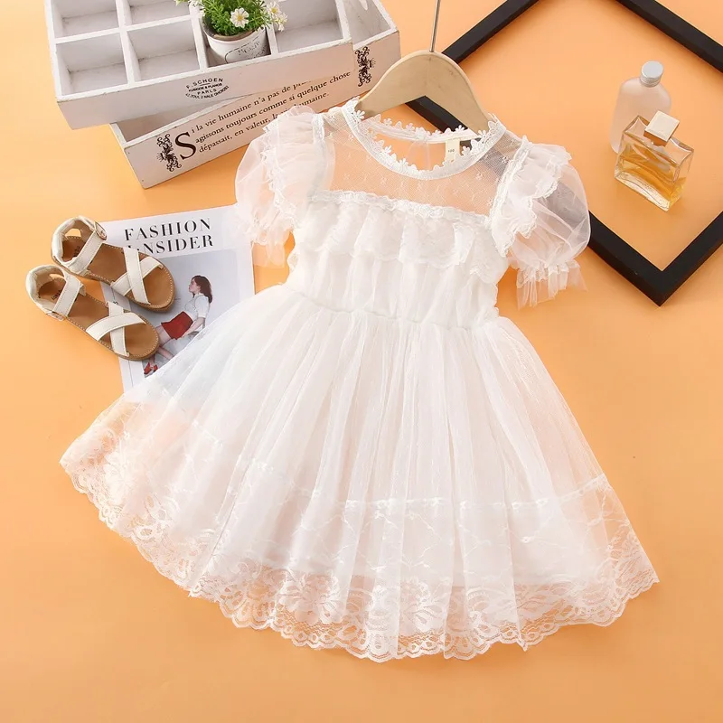 

Summer 2023 New Arrivals Girls Short Sleeve O Neck Mesh Lace White Roupa Infantil Menina Cute Party Dress Custume 4-8T