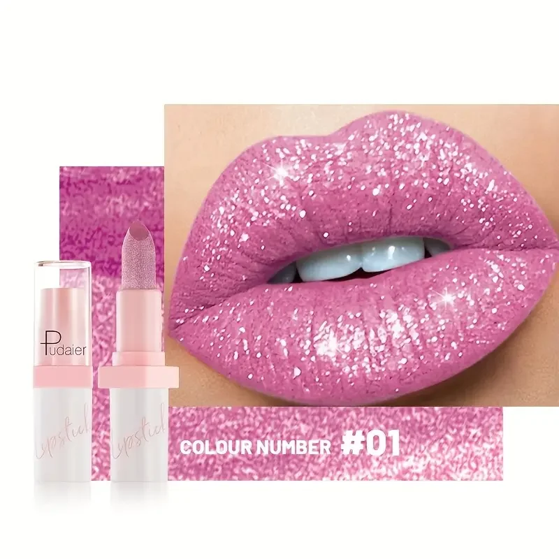 Shimmering Pink Metallic Waterproof Lipstick - Long-Lasting Glitter Shine