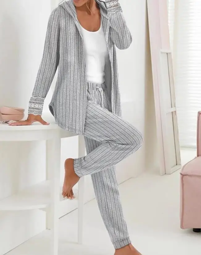 Two Piece Set Women Outfit 2023 Autumn Fashion Lace Patch Hooded Plain Long Sleeve Top & Casual Drawstring Daily Long Pants Set