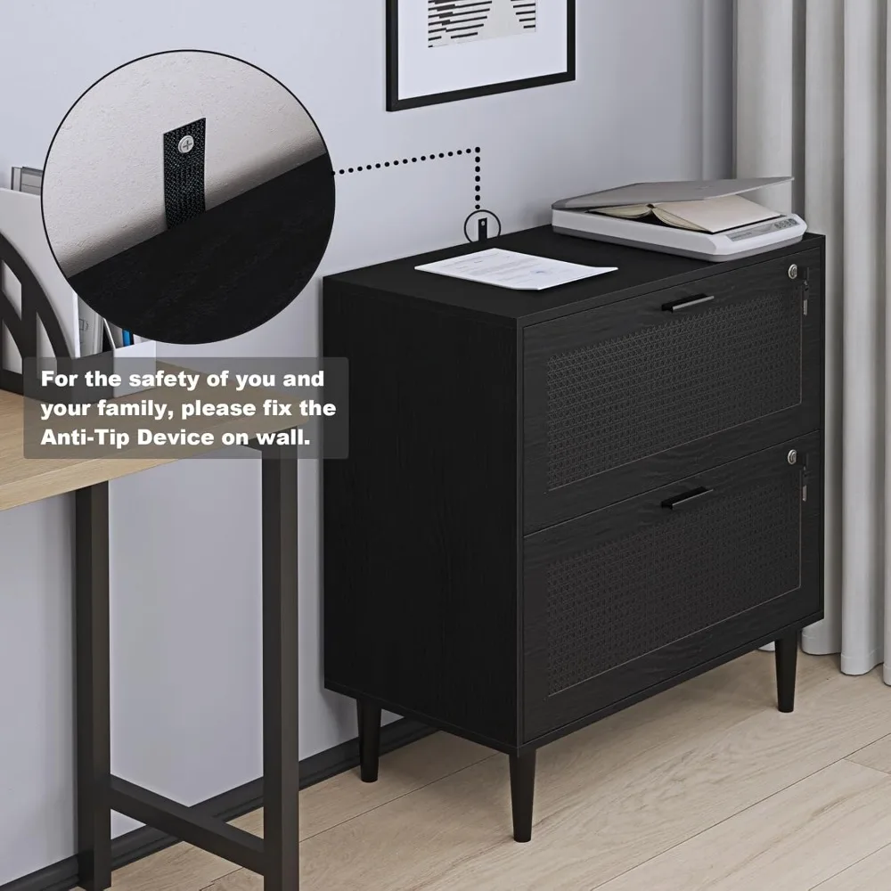 2 drawer file cabinet, lateral file cabinet with lock, rattan wood filing organization cabinet for home office, black