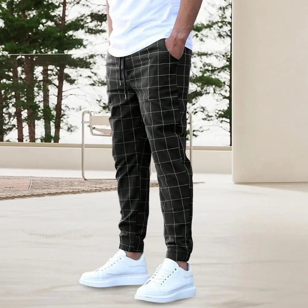

Plaid Stitching Pencil Pants Plaid Print Men's Casual Pants with Elastic Waist Slant Pockets Comfortable Stylish for Everyday