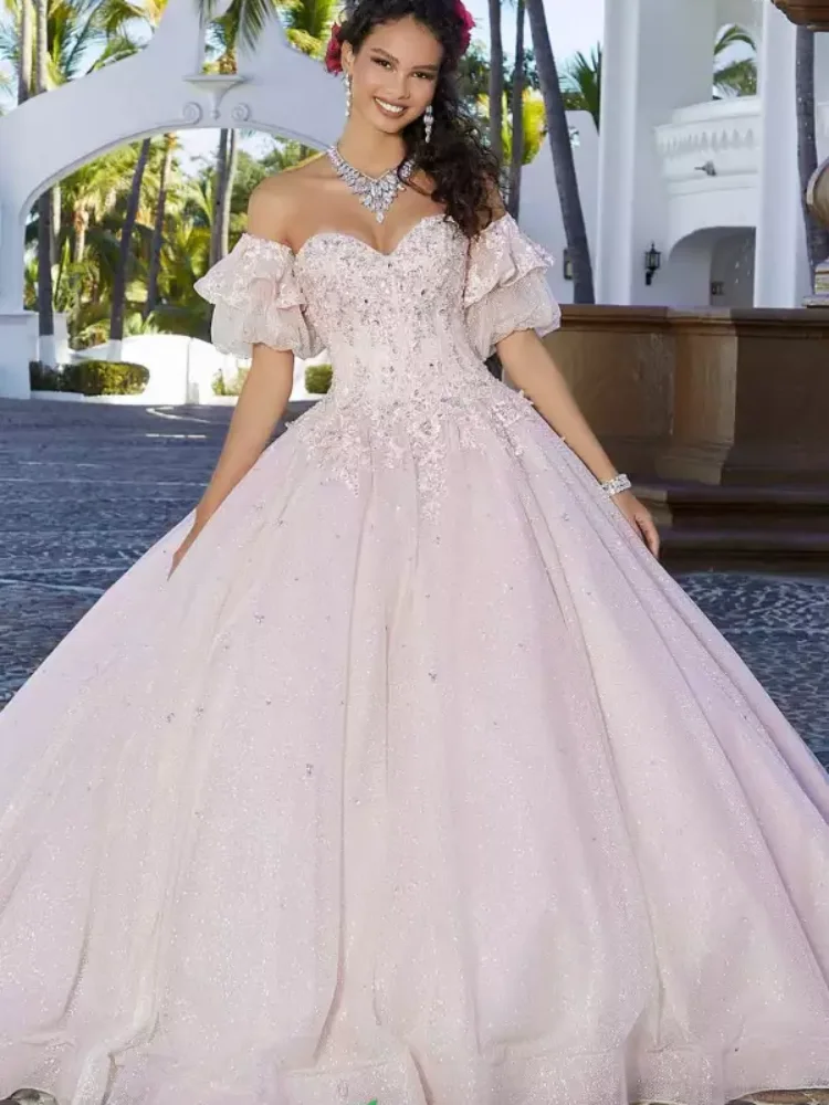 

2023 классическое розовое платье для Quinceanera с отсоединяемым рукавом, женское платье принцессы, Кружевная аппликация на 16 лет